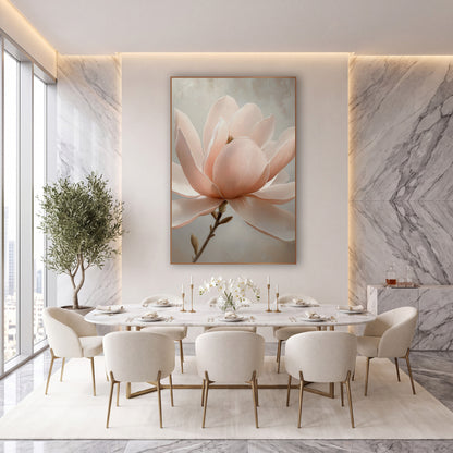 Luminous Peach Magnolia Soft Glow wall art in an elegant modern room – large blush pink magnolia flower with broad