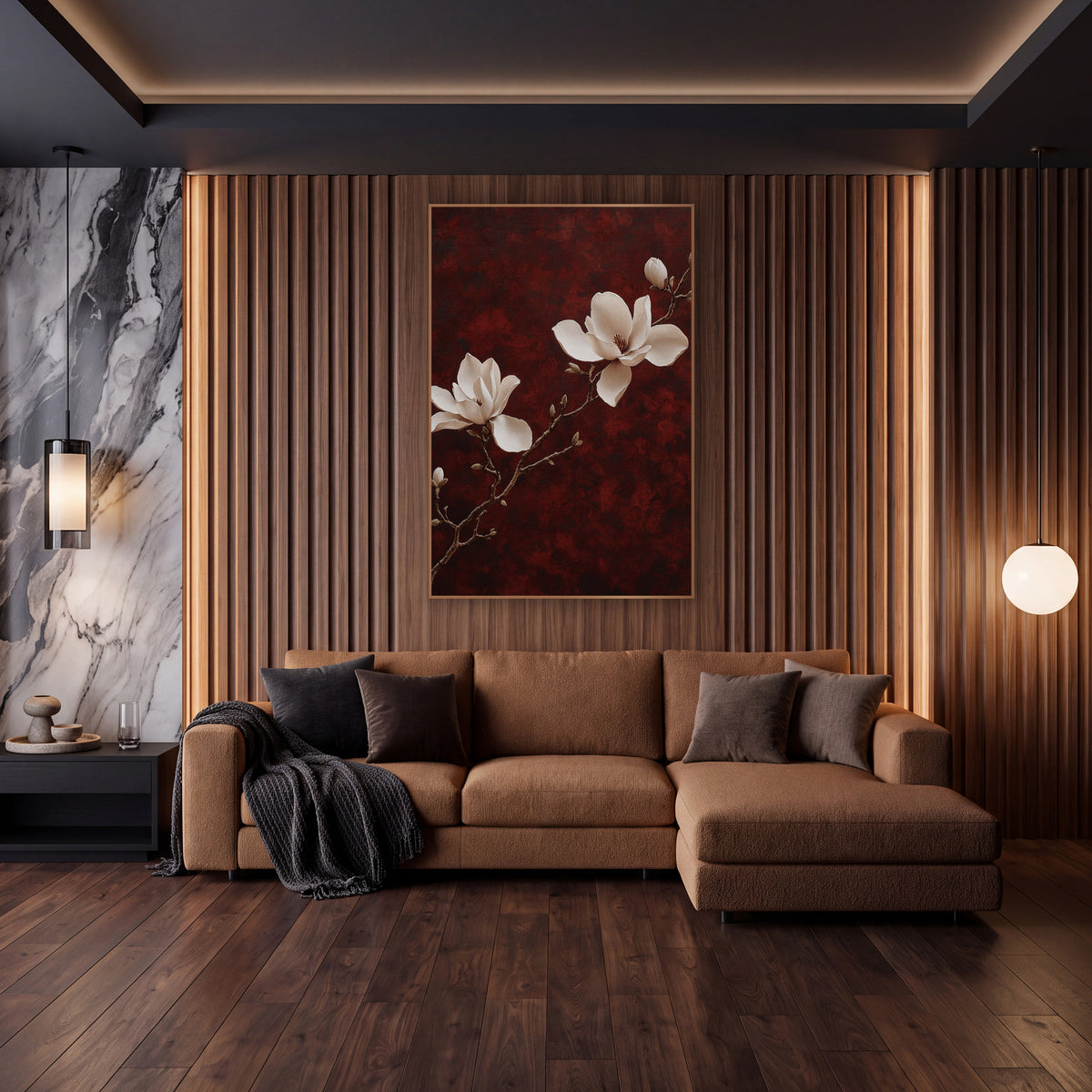 Cream Magnolia Branch Burgundy Luxe wall art in an elegant modern room – two cream magnolia blooms and two buds