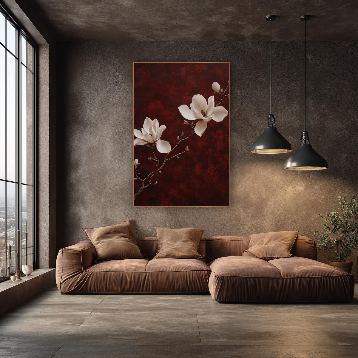 Cream Magnolia Branch Burgundy Luxe wall art in an elegant modern room – two cream magnolia blooms and two buds