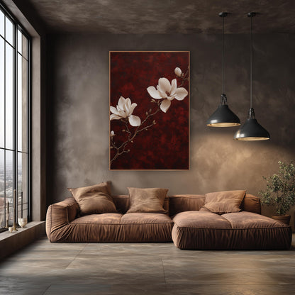 Cream Magnolia Branch Burgundy Luxe wall art in an elegant modern room – two cream magnolia blooms and two buds