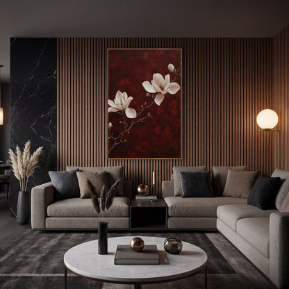 Cream Magnolia Branch Burgundy Luxe wall art in an elegant modern room – two cream magnolia blooms and two buds