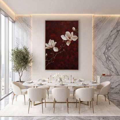 Cream Magnolia Branch Burgundy Luxe wall art in an elegant modern room – two cream magnolia blooms and two buds