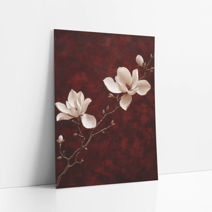 Cream Magnolia Branch Burgundy Luxe art print leaning against a white wall – two cream magnolia blooms and two buds on a thin