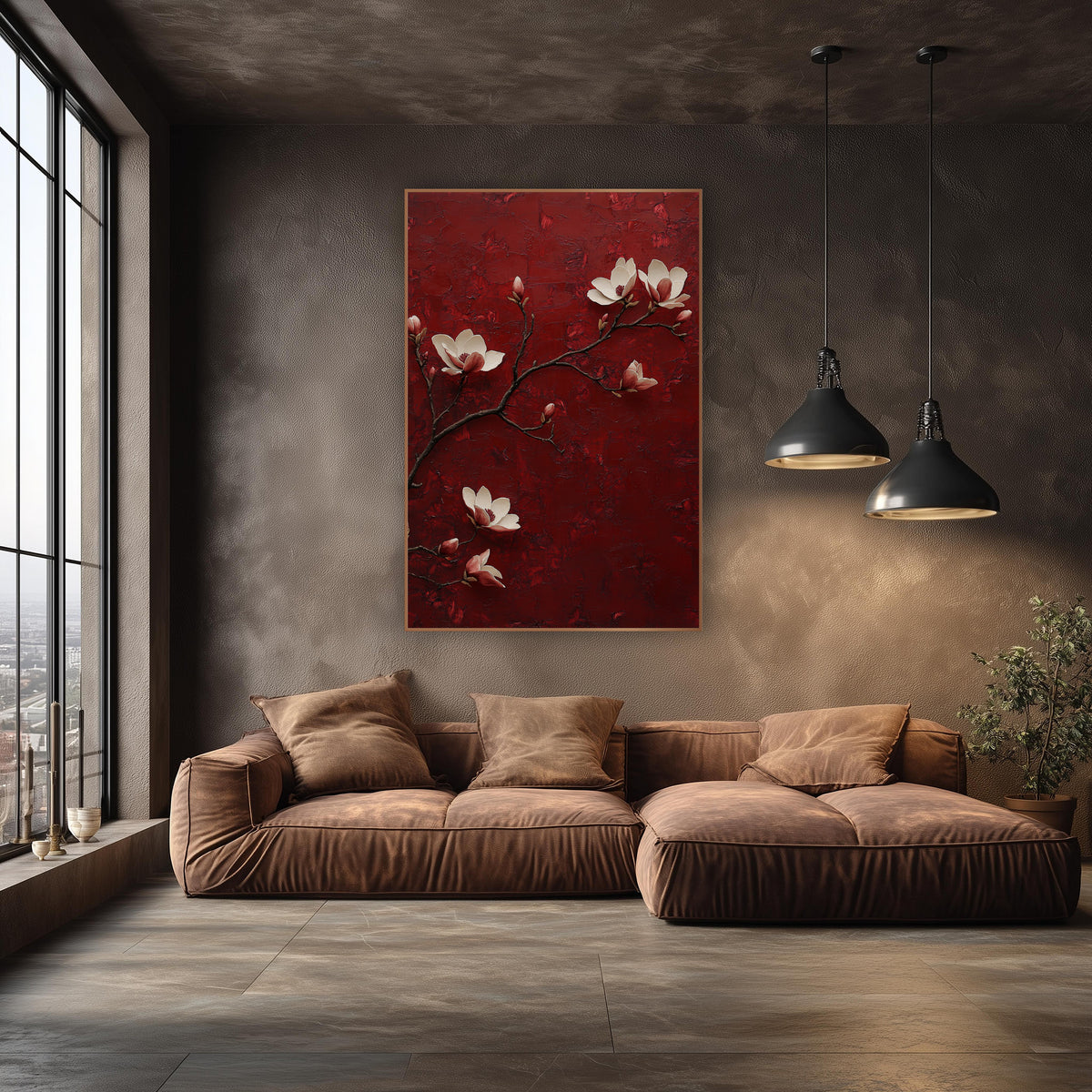 Burgundy Magnolia Branch Classic Decor wall art in an elegant modern room – cream magnolia blossoms and pink buds
