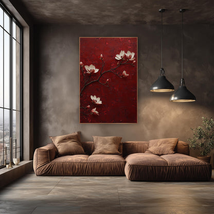 Burgundy Magnolia Branch Classic Decor wall art in an elegant modern room – cream magnolia blossoms and pink buds