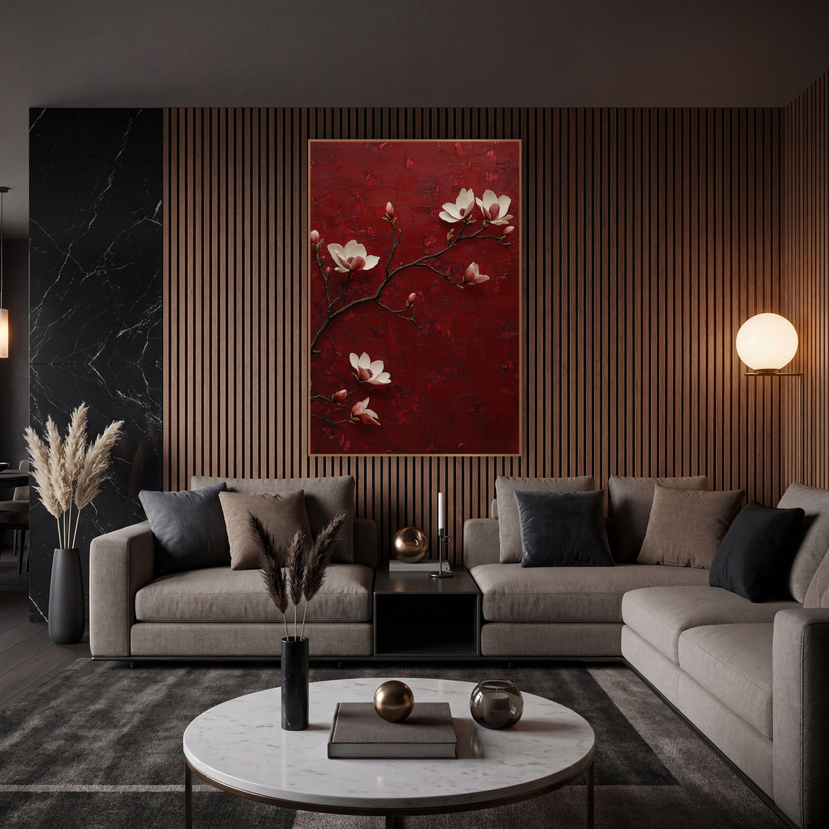 Burgundy Magnolia Branch Classic Decor wall art in an elegant modern room – cream magnolia blossoms and pink buds