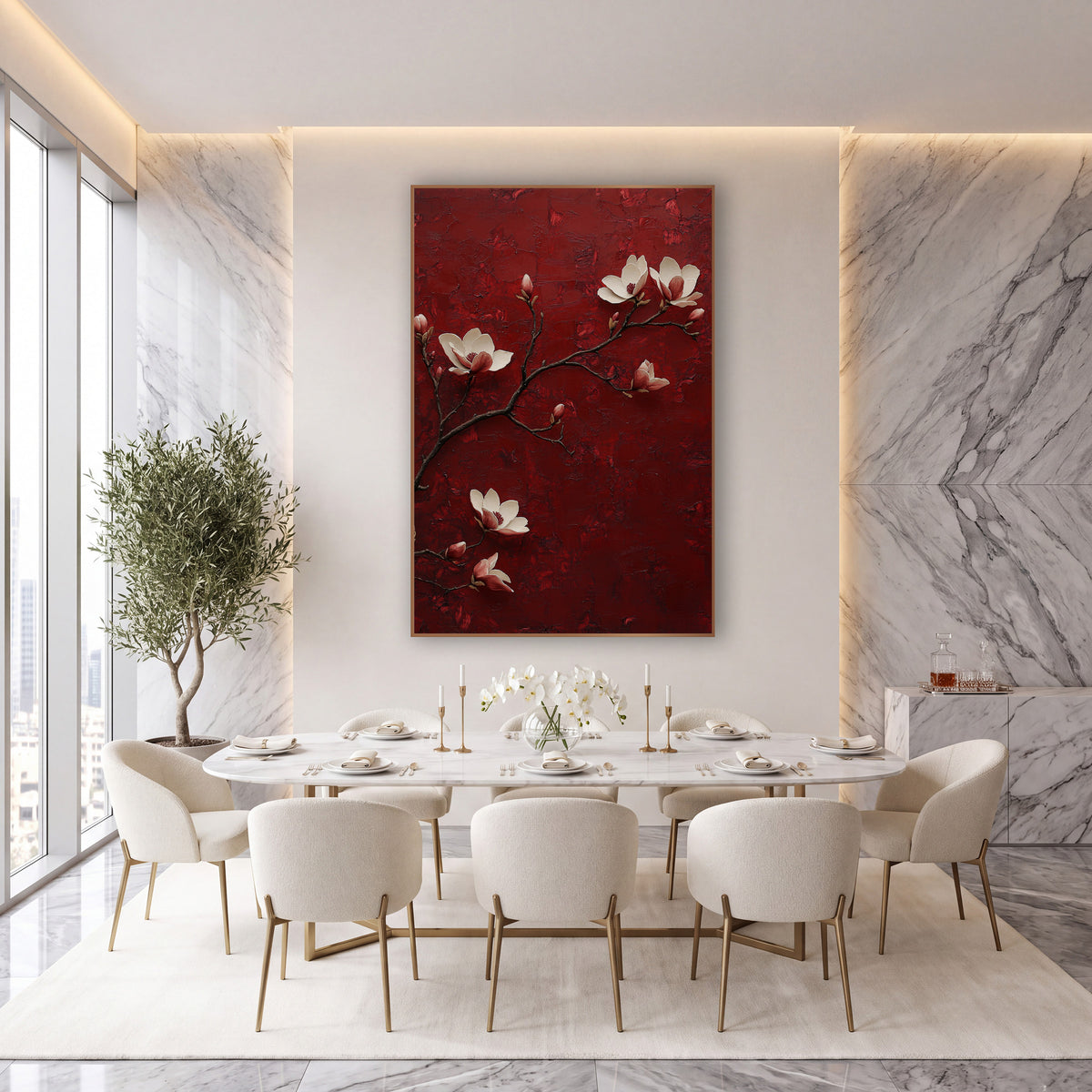 Burgundy Magnolia Branch Classic Decor wall art in an elegant modern room – cream magnolia blossoms and pink buds