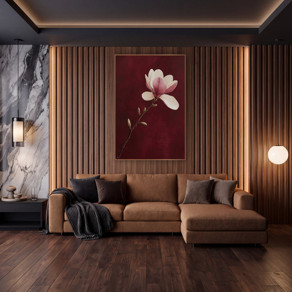 Single Magnolia Stem Burgundy Botanical wall art in an elegant modern room – cream and pink magnolia blossom
