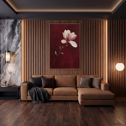 Single Magnolia Stem Burgundy Botanical wall art in an elegant modern room – cream and pink magnolia blossom