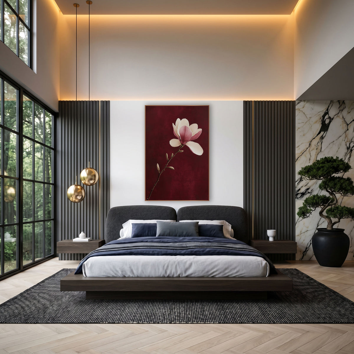 Single Magnolia Stem Burgundy Botanical wall art in an elegant modern room – cream and pink magnolia blossom