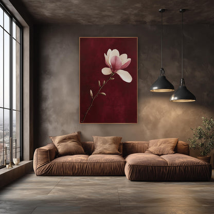 Single Magnolia Stem Burgundy Botanical wall art in an elegant modern room – cream and pink magnolia blossom