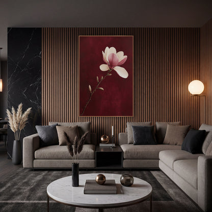 Single Magnolia Stem Burgundy Botanical wall art in an elegant modern room – cream and pink magnolia blossom