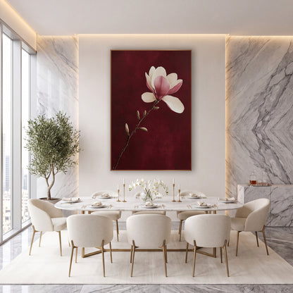 Single Magnolia Stem Burgundy Botanical wall art in an elegant modern room – cream and pink magnolia blossom