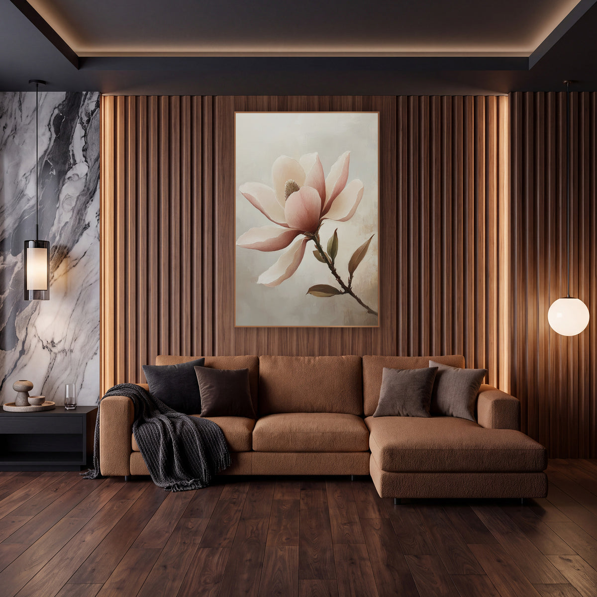 Leafy Rose Magnolia Branch Study wall art in an elegant modern room – open blush pink magnolia flower with cream