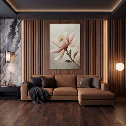Leafy Rose Magnolia Branch Study wall art in an elegant modern room – open blush pink magnolia flower with cream