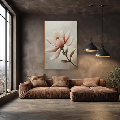 Leafy Rose Magnolia Branch Study wall art in an elegant modern room – open blush pink magnolia flower with cream