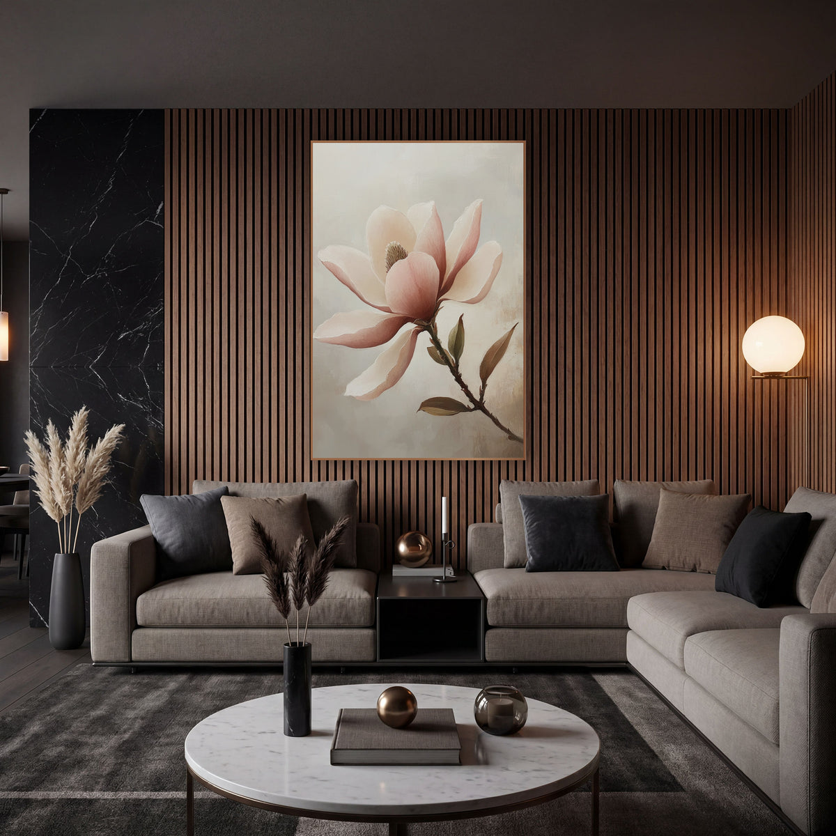 Leafy Rose Magnolia Branch Study wall art in an elegant modern room – open blush pink magnolia flower with cream