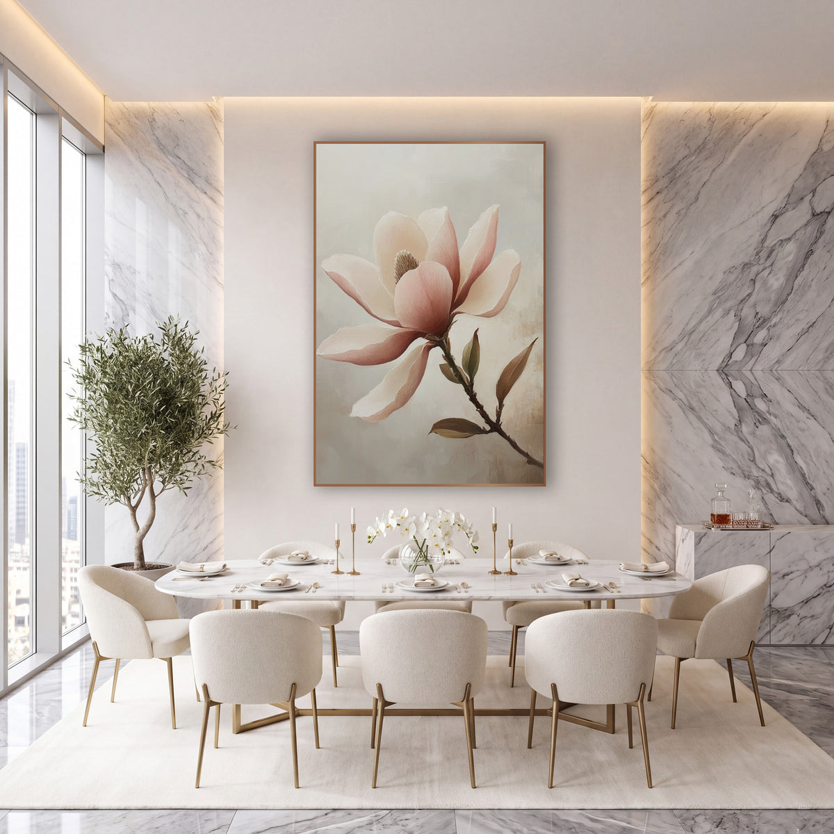 Leafy Rose Magnolia Branch Study wall art in an elegant modern room – open blush pink magnolia flower with cream