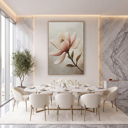 Leafy Rose Magnolia Branch Study wall art in an elegant modern room – open blush pink magnolia flower with cream