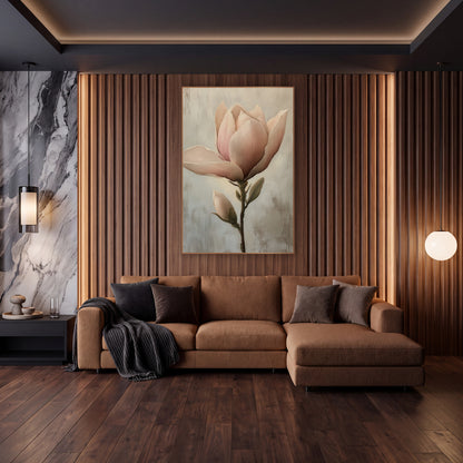 Blush Magnolia Bloom Classic wall art in an elegant modern room – blush pink magnolia flower opening beside a small
