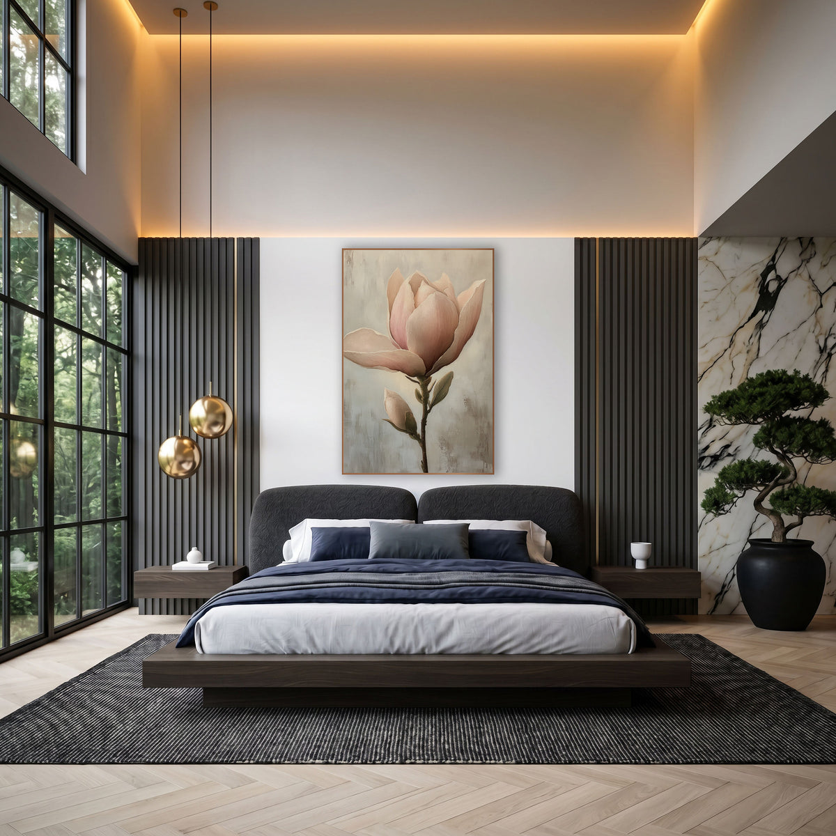 Blush Magnolia Bloom Classic wall art in an elegant modern room – blush pink magnolia flower opening beside a small