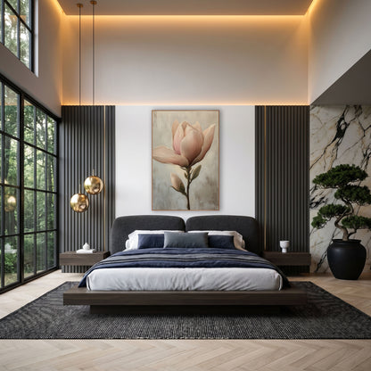 Blush Magnolia Bloom Classic wall art in an elegant modern room – blush pink magnolia flower opening beside a small