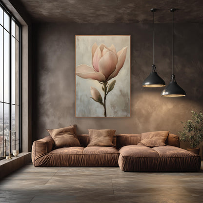 Blush Magnolia Bloom Classic wall art in an elegant modern room – blush pink magnolia flower opening beside a small