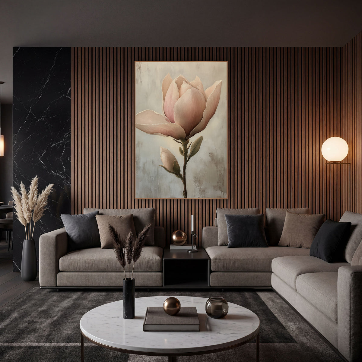 Blush Magnolia Bloom Classic wall art in an elegant modern room – blush pink magnolia flower opening beside a small