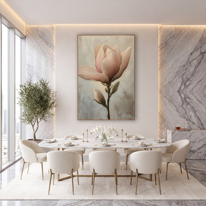 Blush Magnolia Bloom Classic wall art in an elegant modern room – blush pink magnolia flower opening beside a small