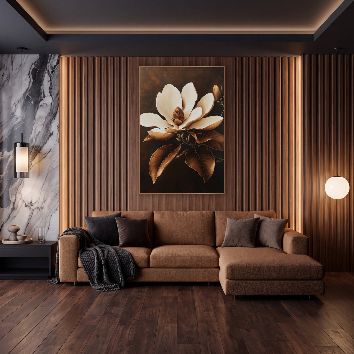 Caramel Magnolia Bloom Botanical Luxe wall art in an elegant modern room – large cream magnolia flower