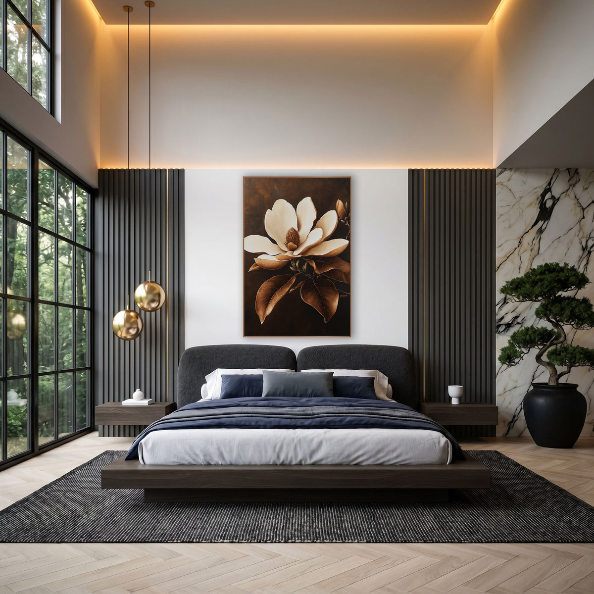 Caramel Magnolia Bloom Botanical Luxe wall art in an elegant modern room – large cream magnolia flower