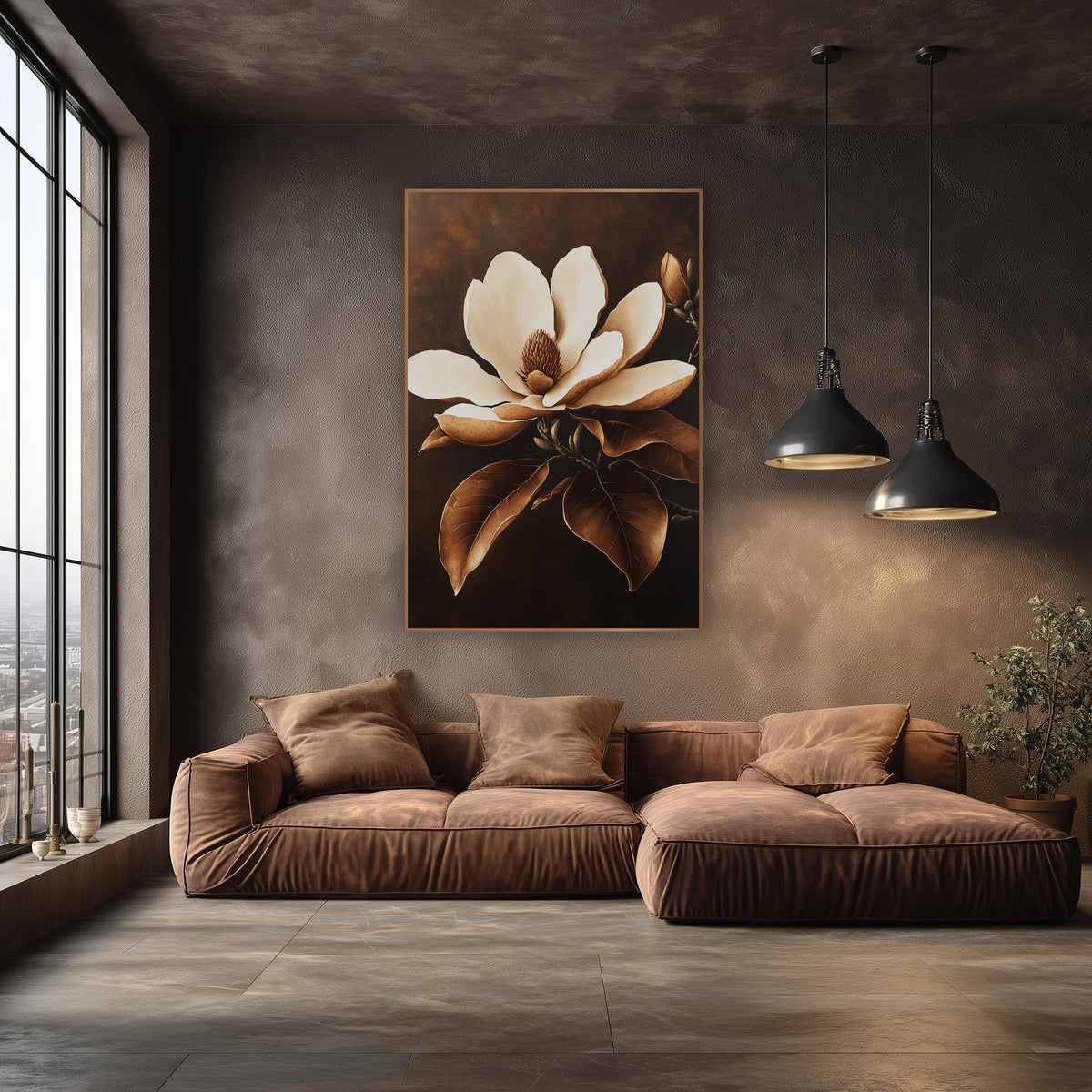 Caramel Magnolia Bloom Botanical Luxe wall art in an elegant modern room – large cream magnolia flower