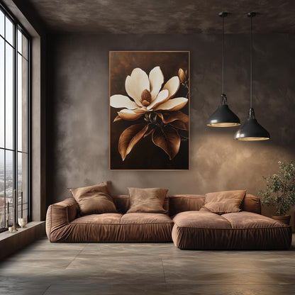 Caramel Magnolia Bloom Botanical Luxe wall art in an elegant modern room – large cream magnolia flower