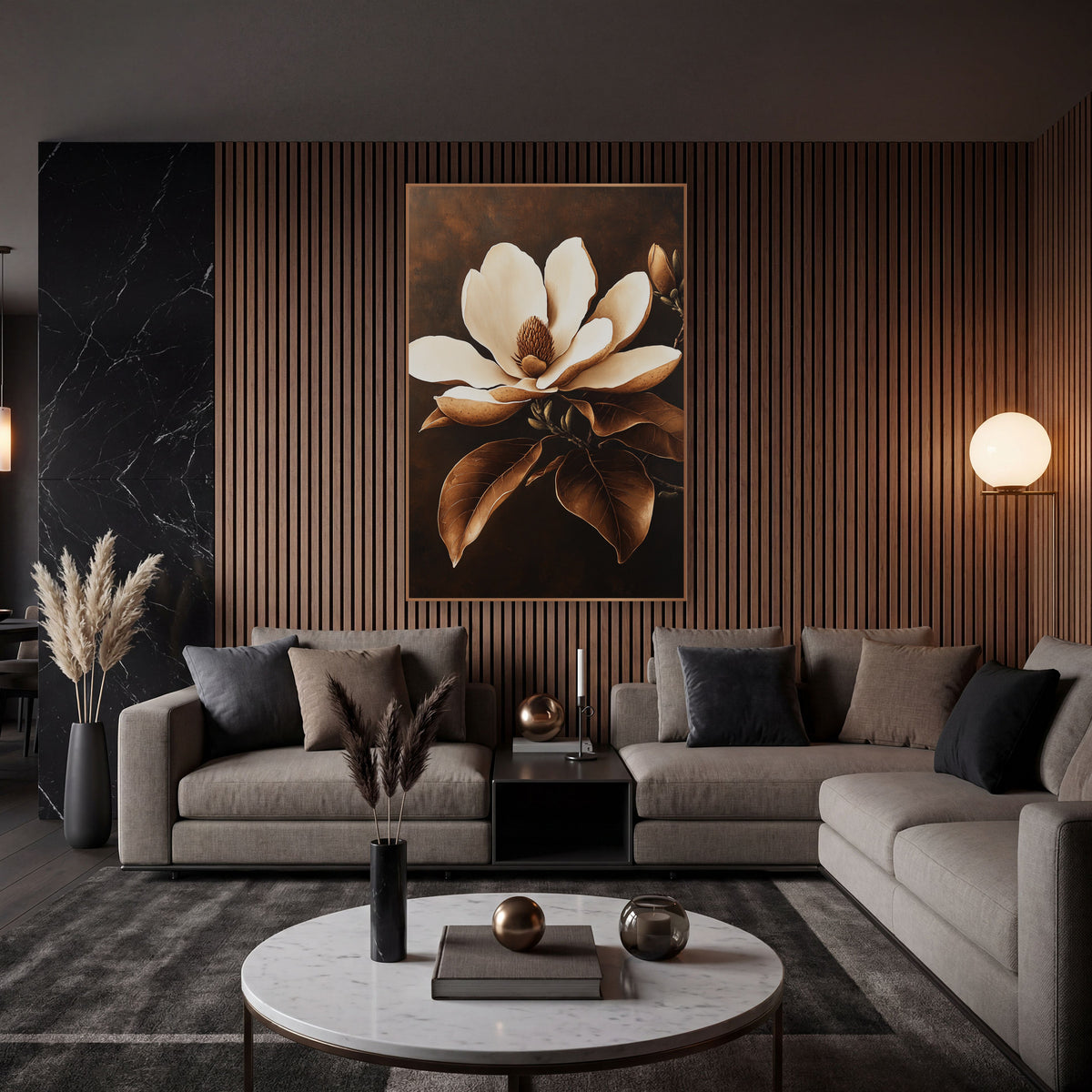 Caramel Magnolia Bloom Botanical Luxe wall art in an elegant modern room – large cream magnolia flower