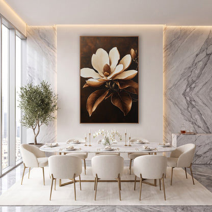 Caramel Magnolia Bloom Botanical Luxe wall art in an elegant modern room – large cream magnolia flower