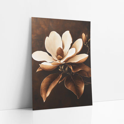 Caramel Magnolia Bloom Botanical Luxe art print leaning against a white wall – large cream magnolia flower with caramel-brown
