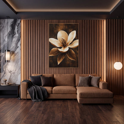 Caramel Magnolia Bloom Luxe Botanical wall art in an elegant modern room – cream magnolia flower with bronze center