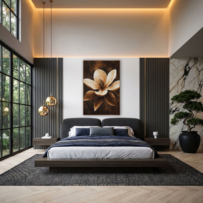 Caramel Magnolia Bloom Luxe Botanical wall art in an elegant modern room – cream magnolia flower with bronze center