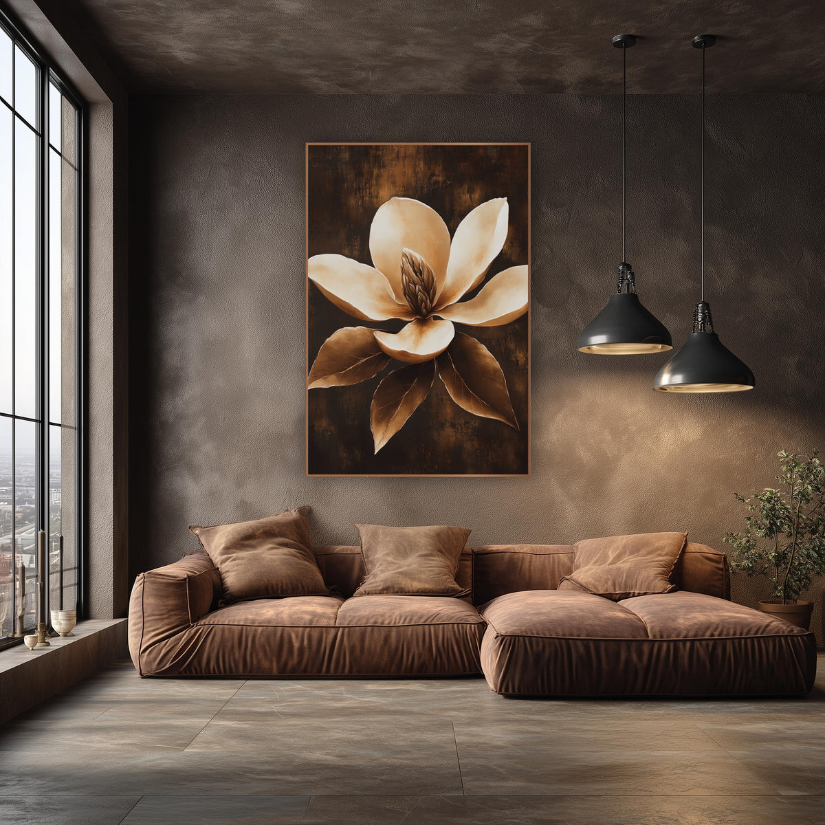 Caramel Magnolia Bloom Luxe Botanical wall art in an elegant modern room – cream magnolia flower with bronze center