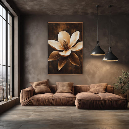 Caramel Magnolia Bloom Luxe Botanical wall art in an elegant modern room – cream magnolia flower with bronze center