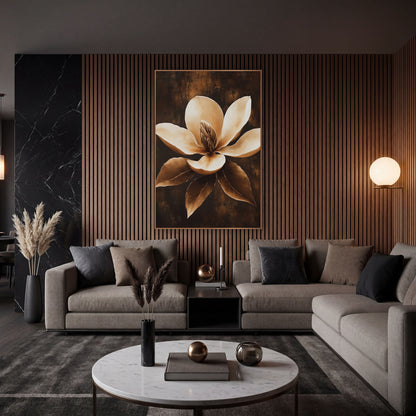 Caramel Magnolia Bloom Luxe Botanical wall art in an elegant modern room – cream magnolia flower with bronze center
