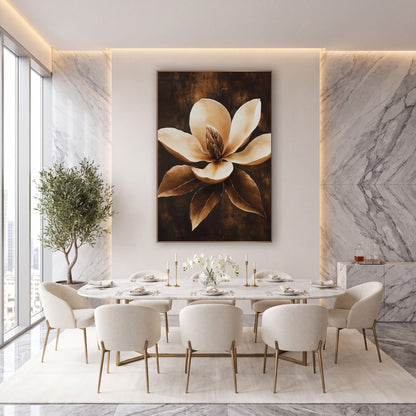 Caramel Magnolia Bloom Luxe Botanical wall art in an elegant modern room – cream magnolia flower with bronze center