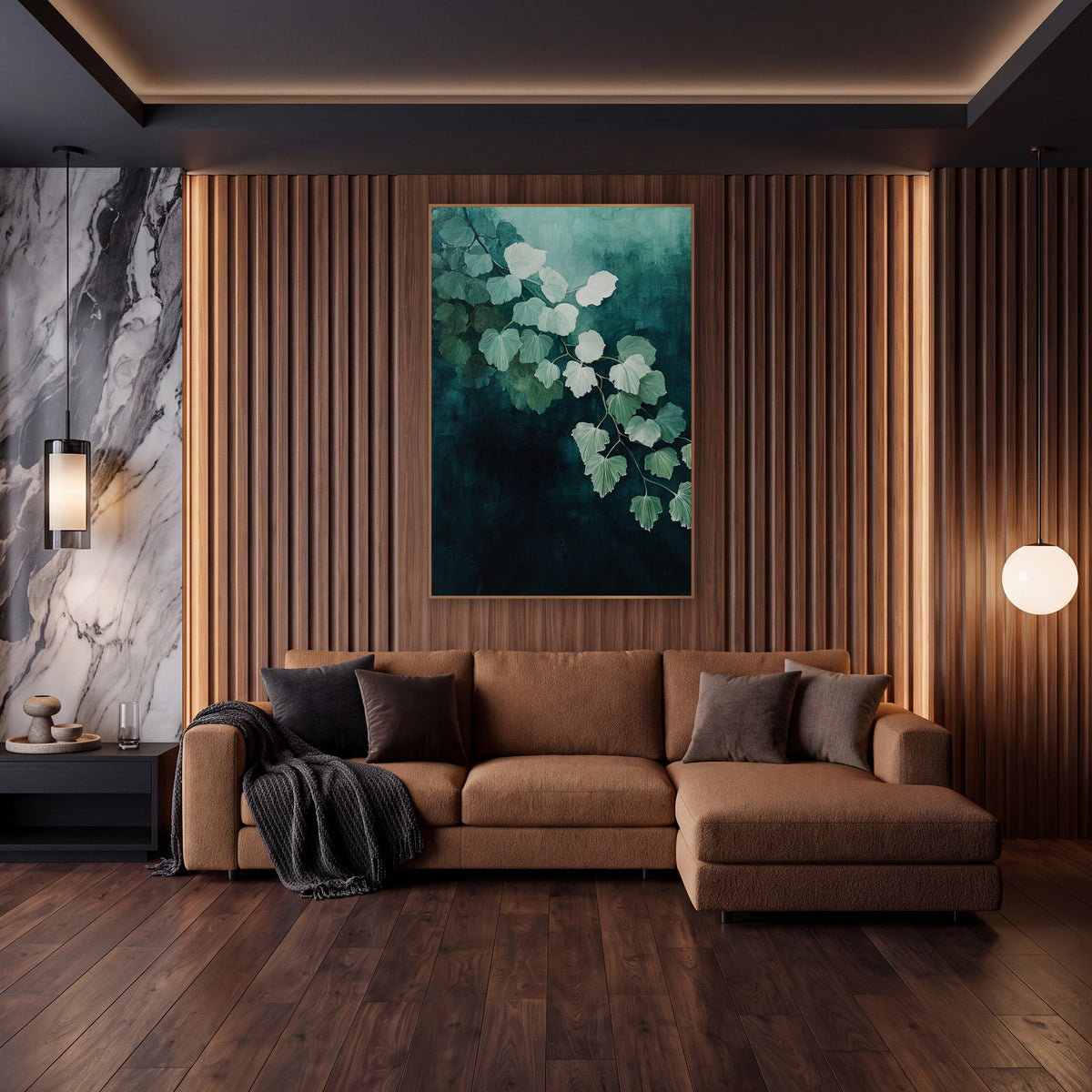 Teal Maidenhair Leaf Cascade Botanical wall art in an elegant modern room – branch of pale mint fan-shaped leaves