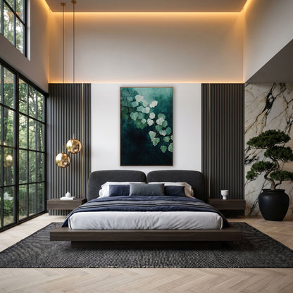 Teal Maidenhair Leaf Cascade Botanical wall art in an elegant modern room – branch of pale mint fan-shaped leaves