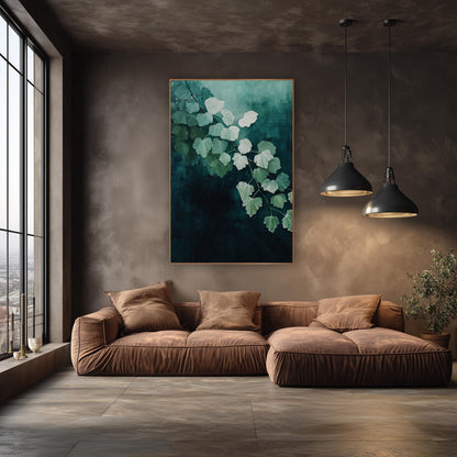 Teal Maidenhair Leaf Cascade Botanical wall art in an elegant modern room – branch of pale mint fan-shaped leaves
