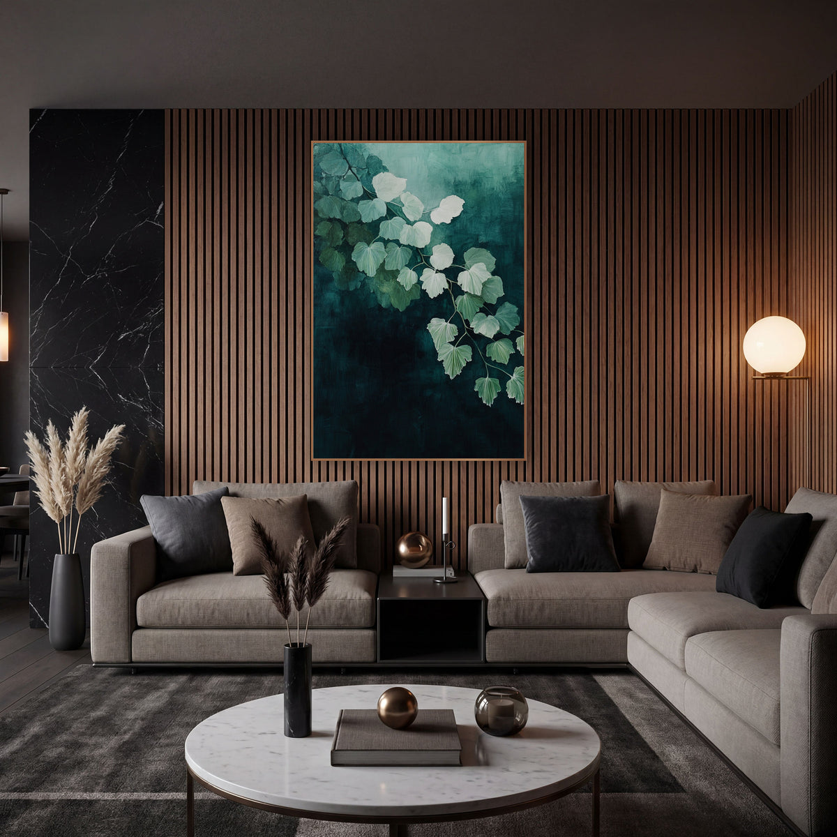 Teal Maidenhair Leaf Cascade Botanical wall art in an elegant modern room – branch of pale mint fan-shaped leaves