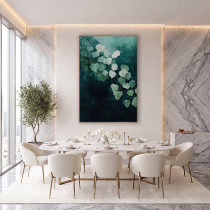 Teal Maidenhair Leaf Cascade Botanical wall art in an elegant modern room – branch of pale mint fan-shaped leaves