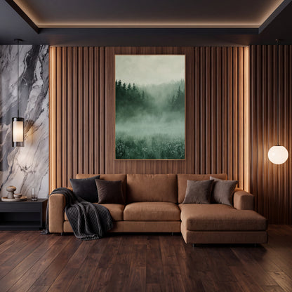 Fog Filled Valley Pines Painterly wall art in an elegant modern room – misty meadow with small white wildflowers