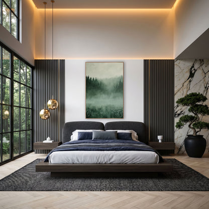 Fog Filled Valley Pines Painterly wall art in an elegant modern room – misty meadow with small white wildflowers