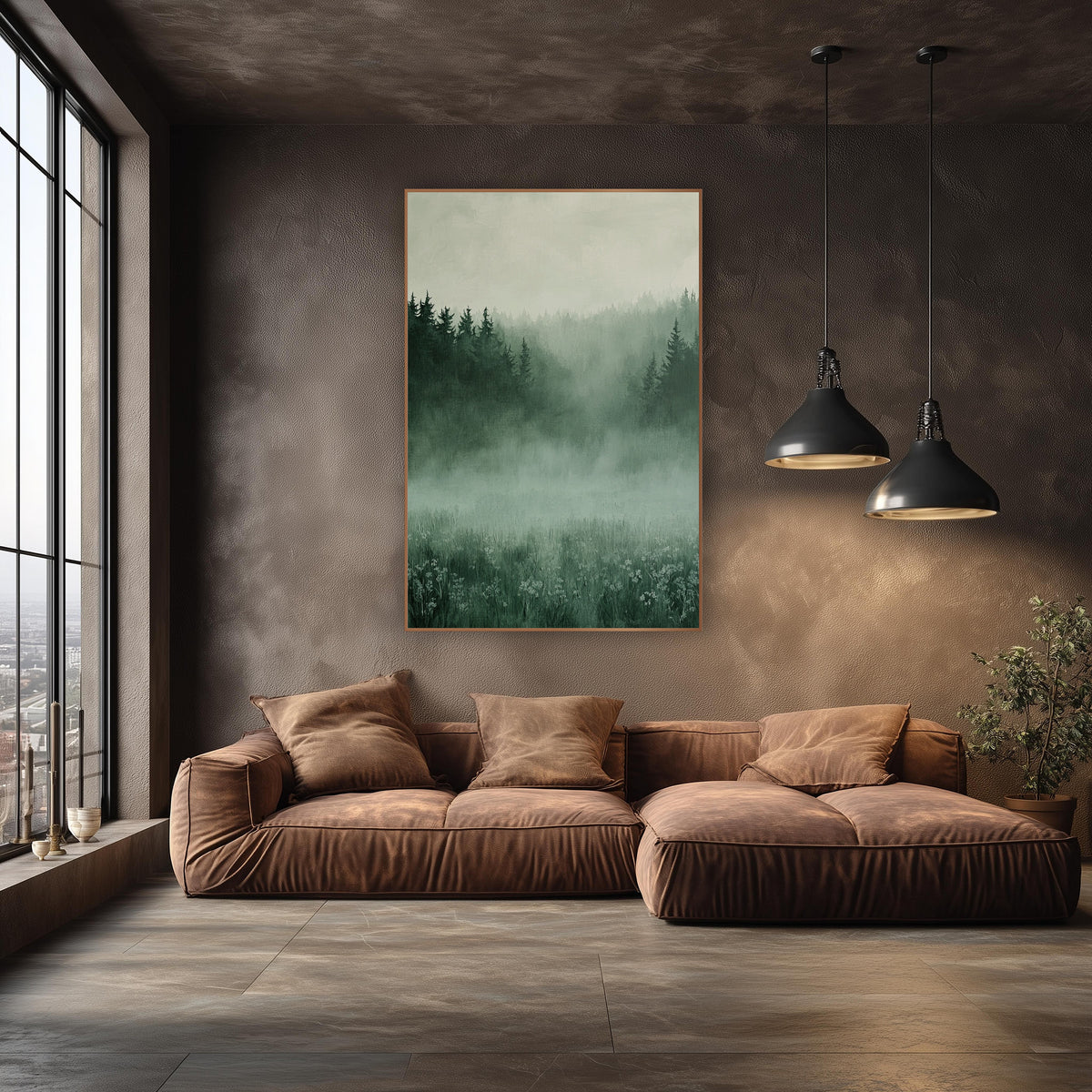 Fog Filled Valley Pines Painterly wall art in an elegant modern room – misty meadow with small white wildflowers